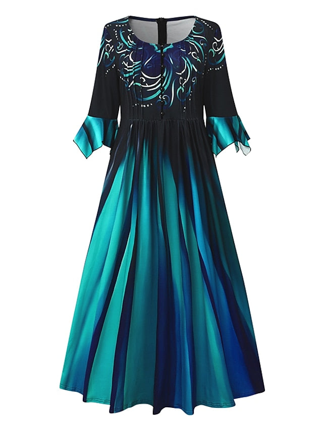 Women's Dress - Casual Dress Summer Dress Print Dress Stripe Ombre Pleated Print V Neck Midi Dress Fashion Classic Outdoor Daily 3/4 Length Sleeve Regular Fit Purple Green Dark Blue Summer Spring S M L XL XXL