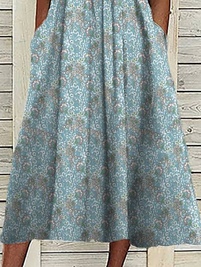 Women's Casual Dress Summer Dress Print Dress Graphic Floral Ruched Button V Neck Midi Dress Fashion Mature Daily Vacation Short Sleeve Regular Fit Blue Dark Blue Summer Spring S M L XL XXL - LuckyFash™