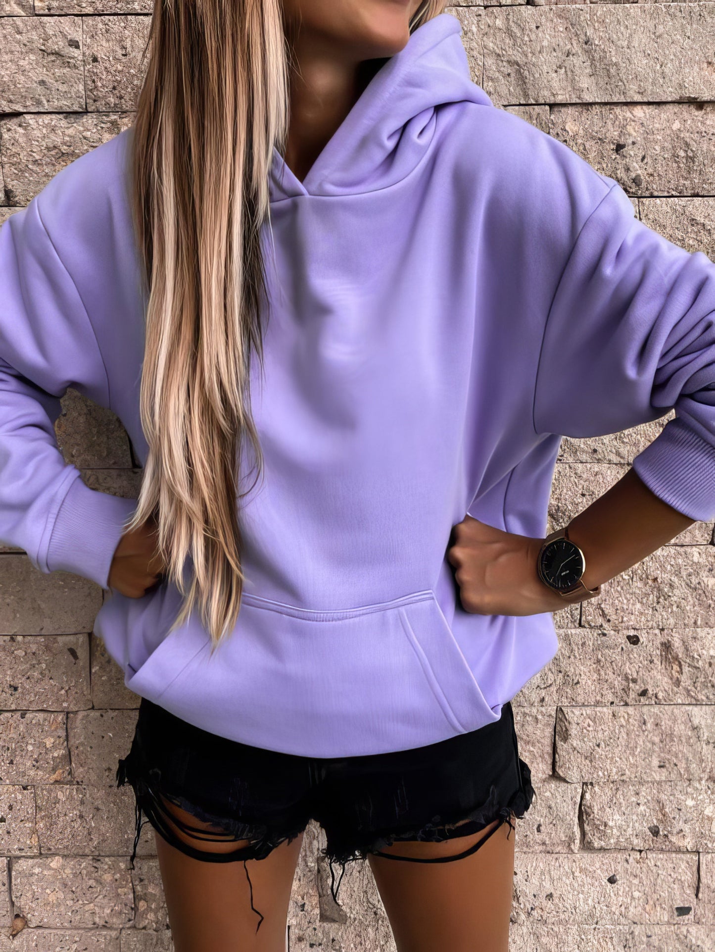 Hoodies - Long Sleeve Solid Pocket Hedging Hoodies - MsDressly