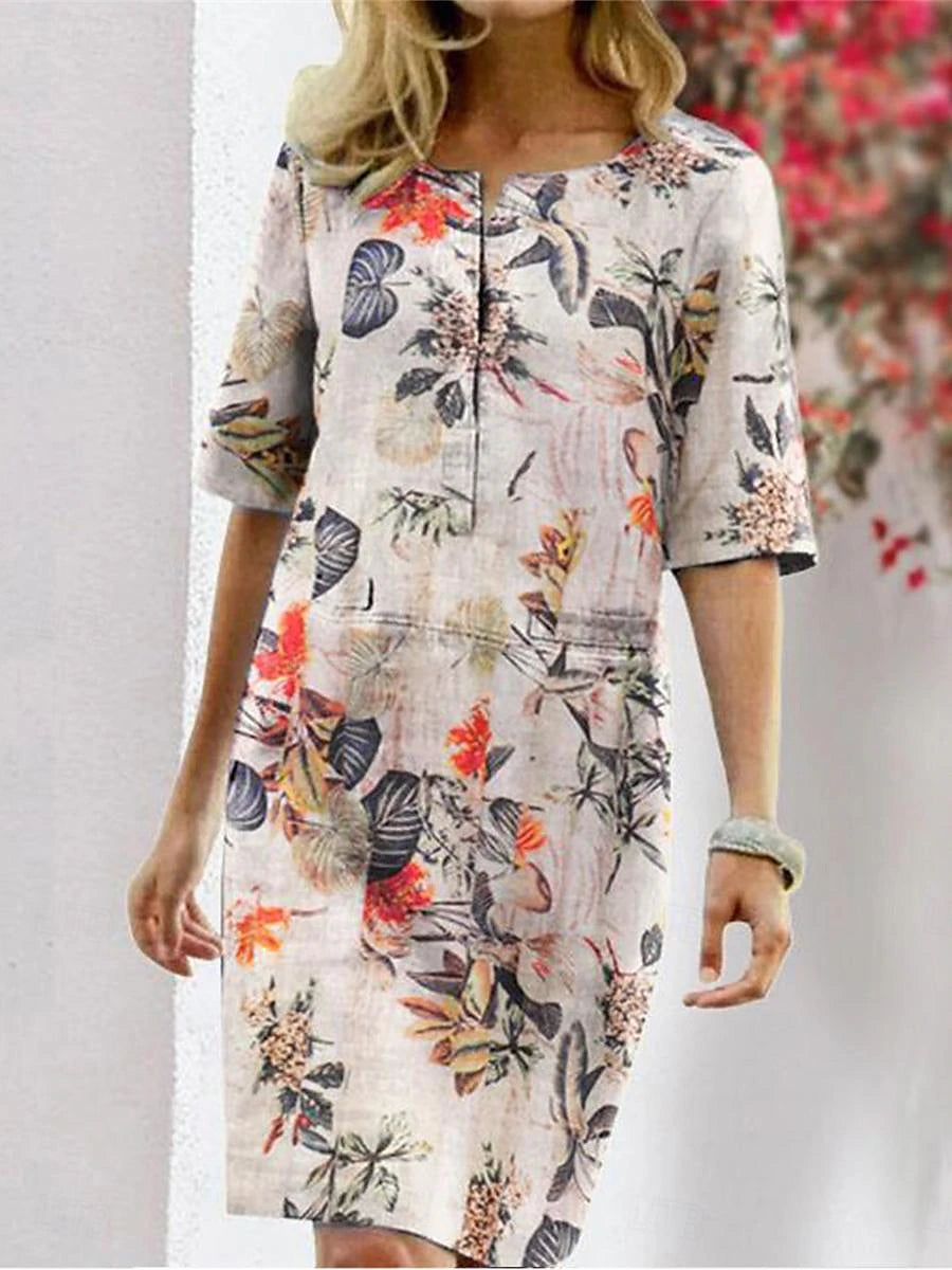 Women's Casual Dress Shift Dress Leaf Print Crew Neck Mini Dress Vacation Short Sleeve Summer