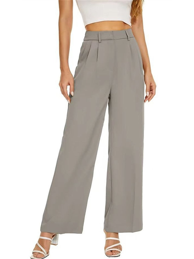Women's Dress Pants Polyester Solid Color Light Blue Ivory white Elegant High Waist Full Length Office Street Fall Winter