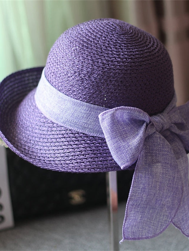 Women's Hat Straw Hat Sun Hat Purple Pink Camel Outdoor Street Dailywear Braided Bow Pure Color Portable Sun Protection Comfort - LuckyFash™