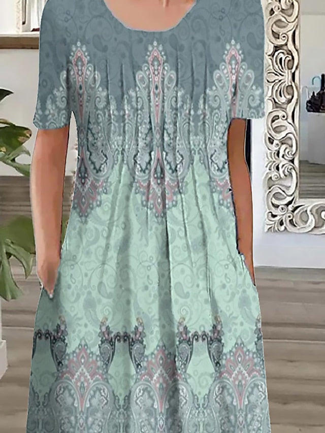 Women's Long Dress Maxi Dress Casual Dress Ethnic Dress A Line Dress Graphic Tribal Romantic Casual Holiday Vacation Weekend Ruched Pocket Short Sleeve Crew Neck Dress Regular Fit Pink Blue Dark Blue - LuckyFash™
