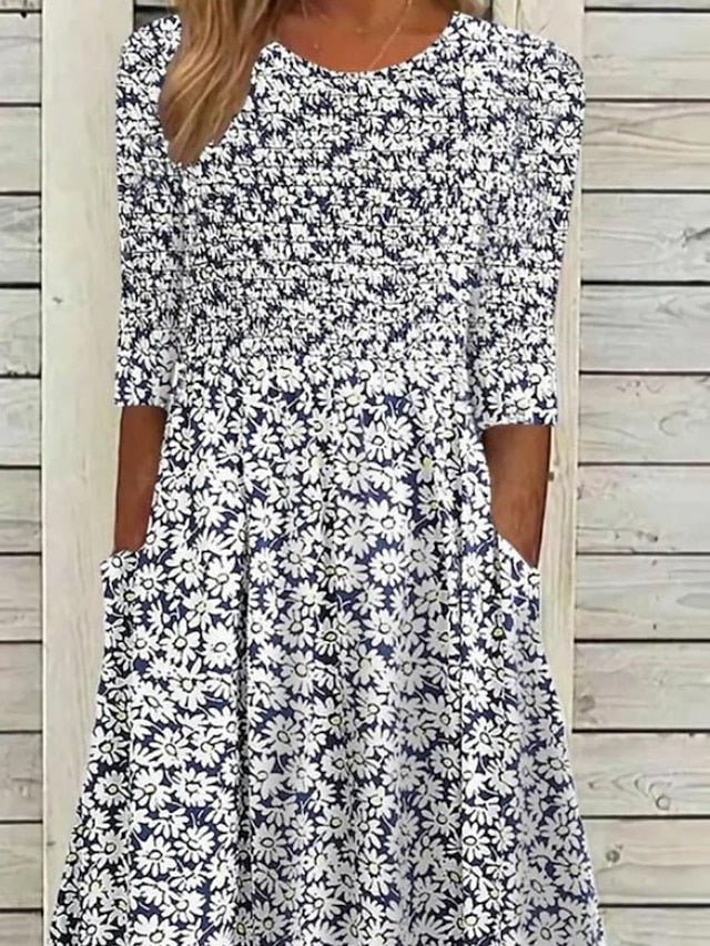 Women's Casual Dress Floral Dress Summer Dress Floral Ruched Pocket Crew Neck Midi Dress Fashion Modern Outdoor Daily Half Sleeve Regular Fit White Blue Green Summer Spring S M L XL XXL - LuckyFash™