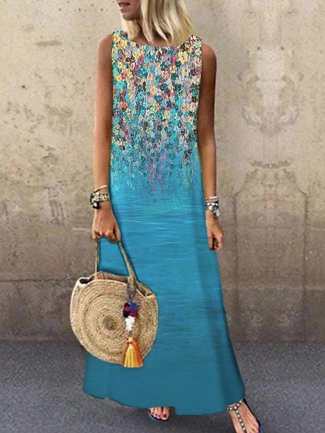 Women's Casual Dress Shift Dress Floral Print Crew Neck Maxi long Dress Basic Daily Sleeveless Summer Spring