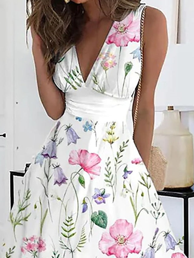 Women's Long Dress Maxi Dress Casual Dress Swing Dress A Line Dress Floral Fashion Streetwear Outdoor Daily Date Print Sleeveless V Neck Dress Regular Fit White Summer Spring S M L XL XXL - LuckyFash™