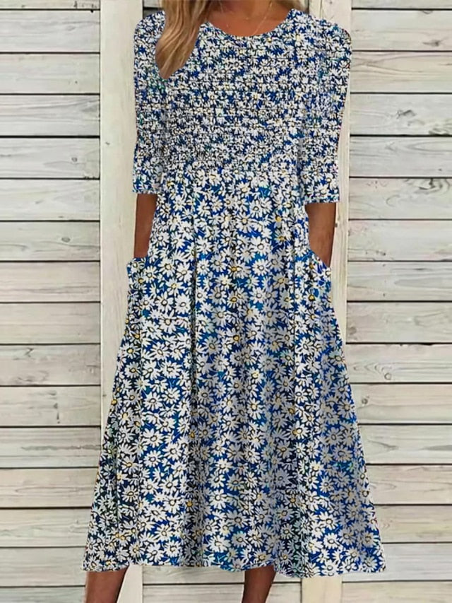 Women's Casual Dress Floral Dress Summer Dress Floral Ruched Pocket Crew Neck Midi Dress Fashion Modern Outdoor Daily Half Sleeve Regular Fit White Blue Green Summer Spring S M L XL XXL - LuckyFash™