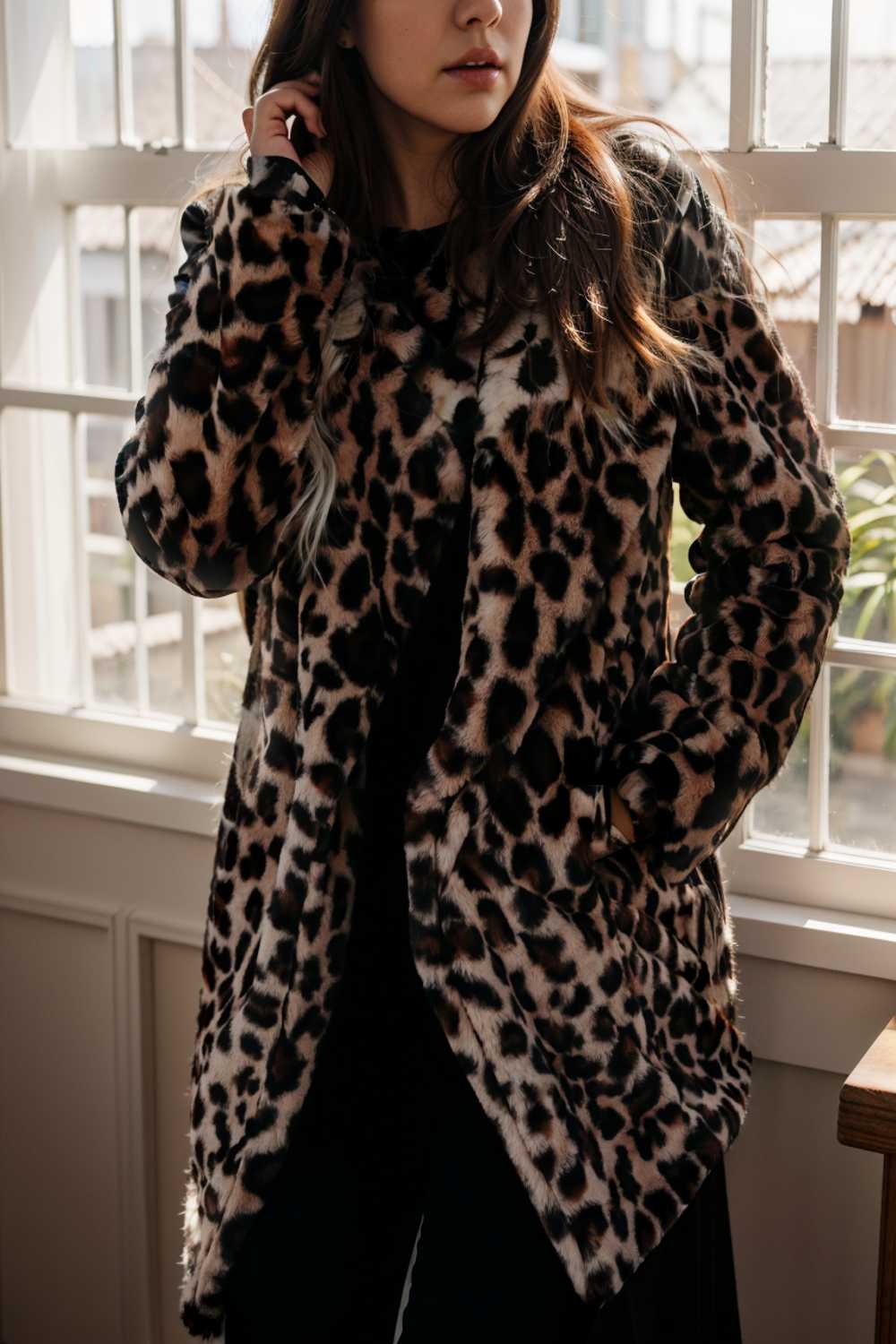 lapel leopard print faux fur long sleeve midi coat 110896