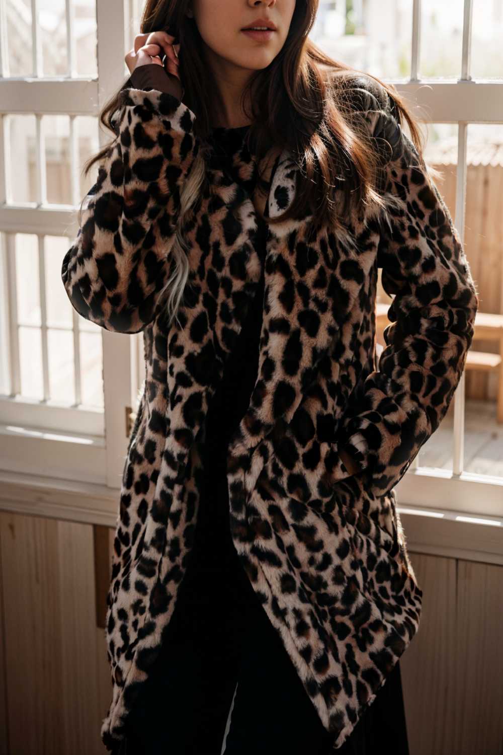 lapel leopard print faux fur long sleeve midi coat 112827