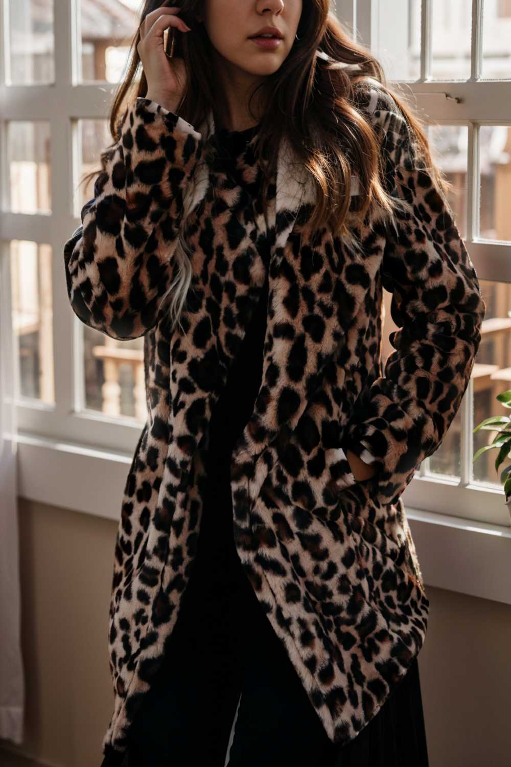 lapel leopard print faux fur long sleeve midi coat 109671