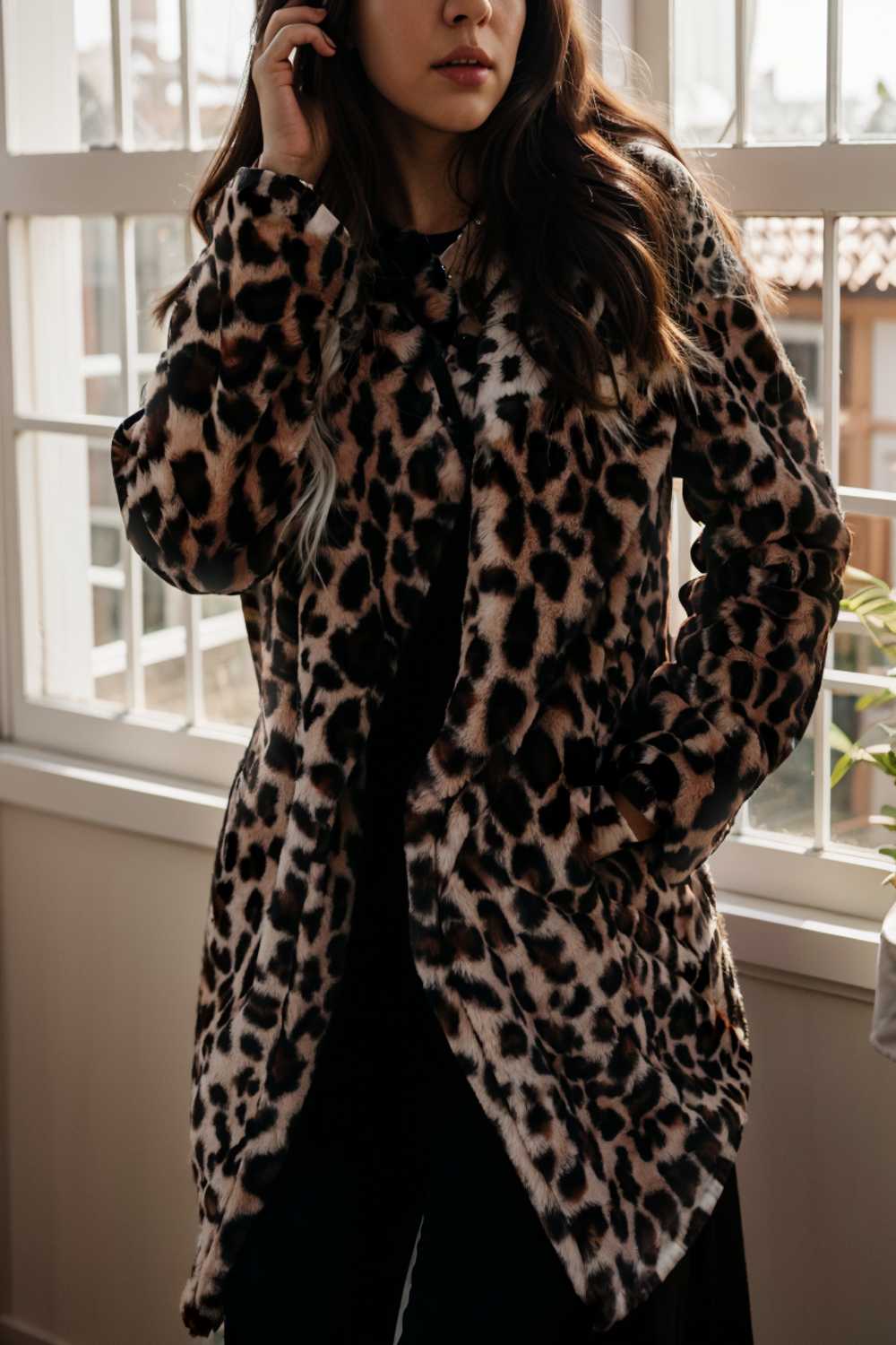 lapel leopard print faux fur long sleeve midi coat 109670