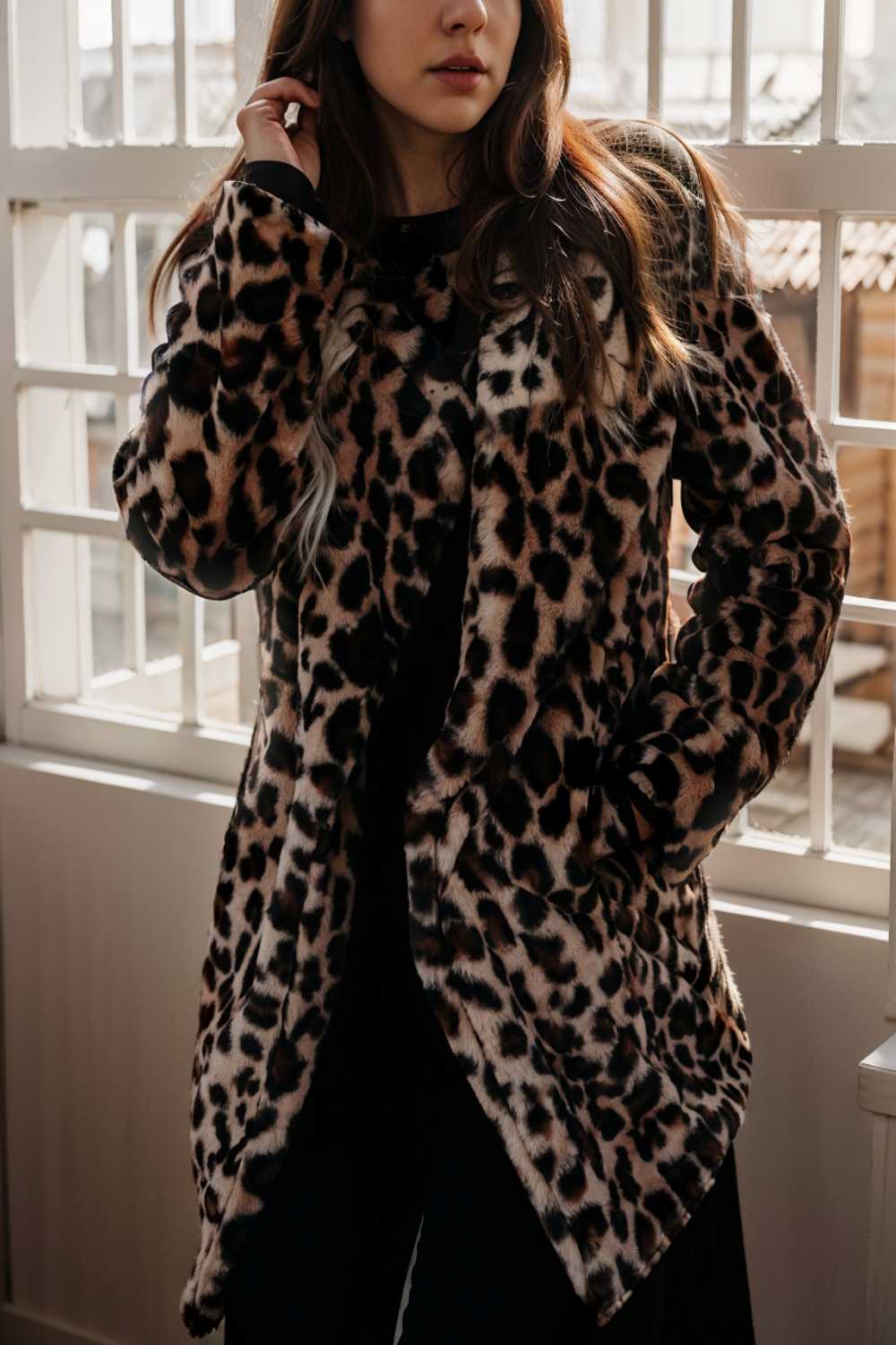 lapel leopard print faux fur long sleeve midi coat 109669