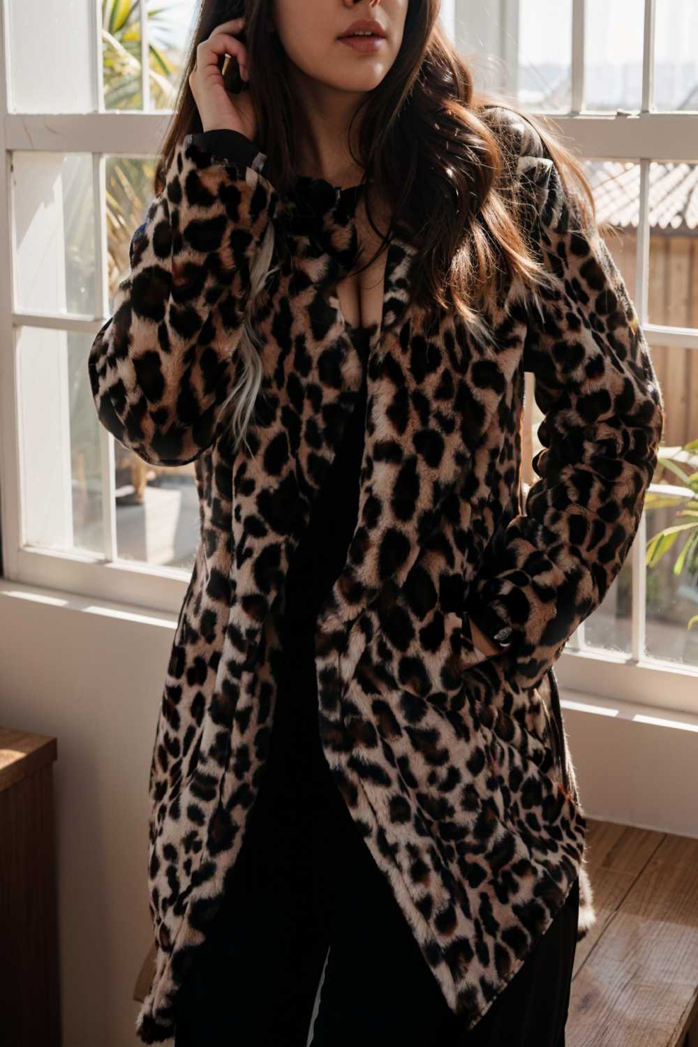 lapel leopard print faux fur long sleeve midi coat 109668