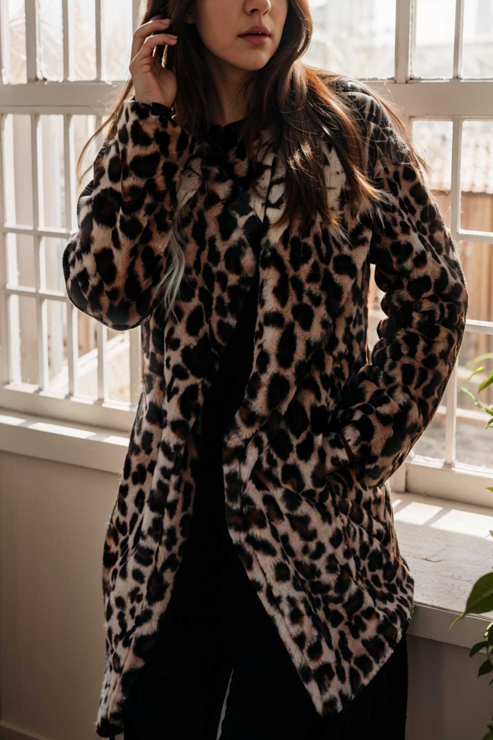lapel leopard print faux fur long sleeve midi coat 109667