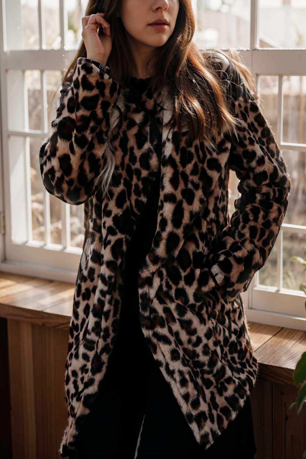 lapel leopard print faux fur long sleeve midi coat 109666