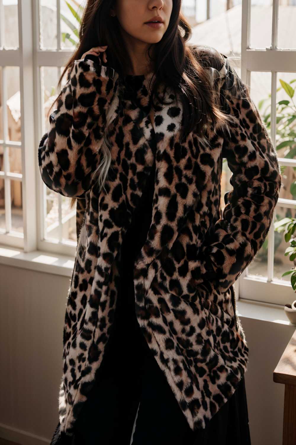 lapel leopard print faux fur long sleeve midi coat 109664