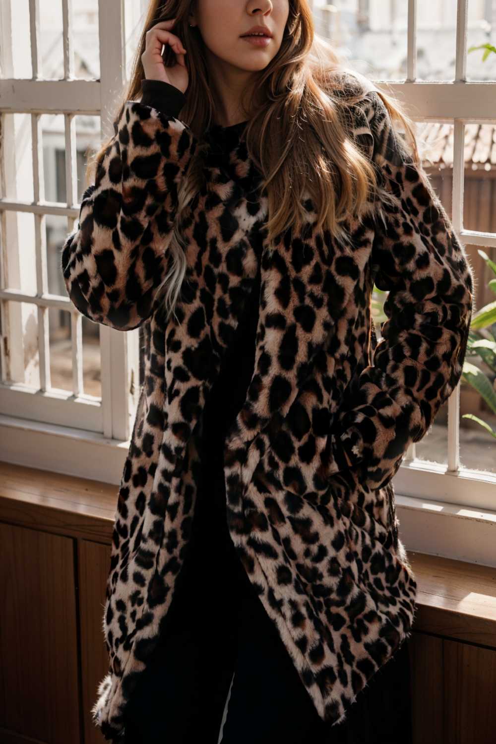lapel leopard print faux fur long sleeve midi coat 109663