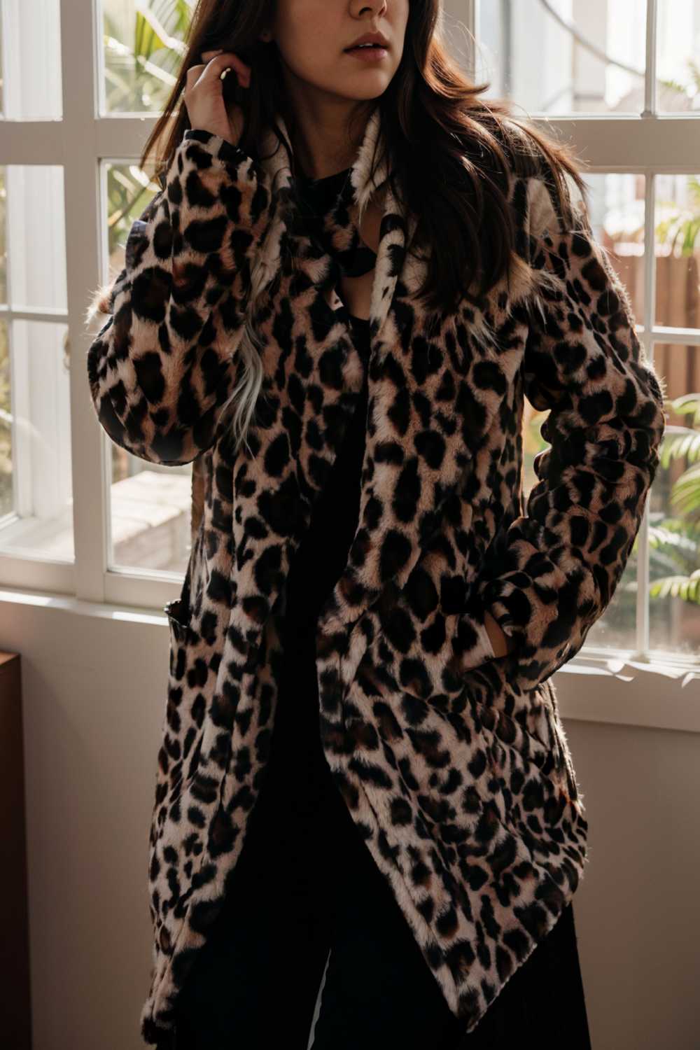 lapel leopard print faux fur long sleeve midi coat 109662