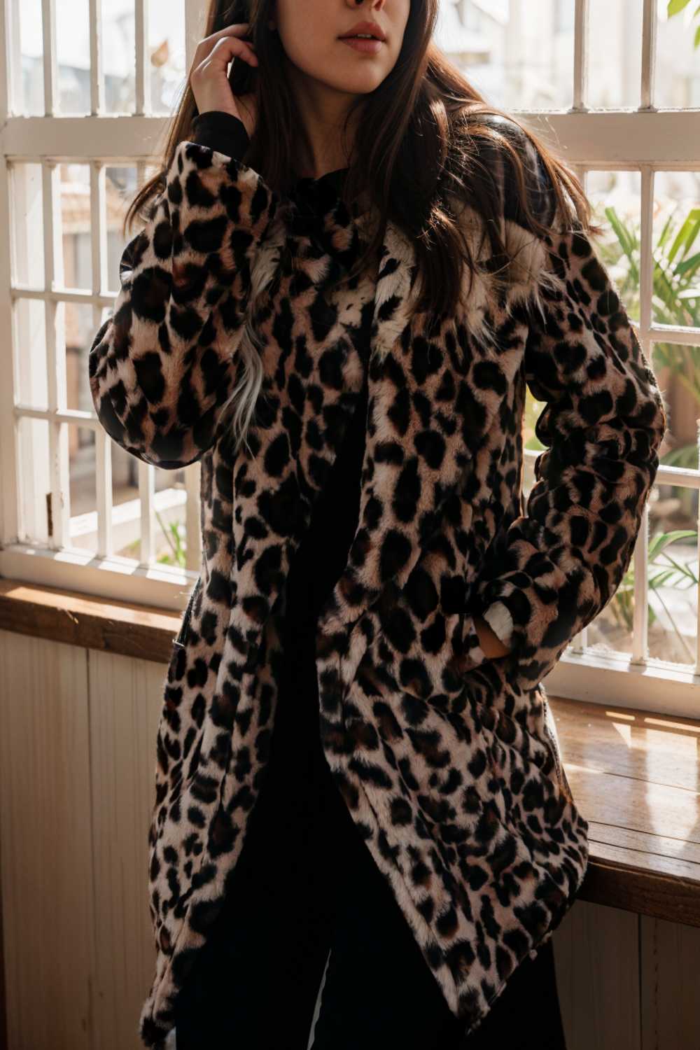 lapel leopard print faux fur long sleeve midi coat 109661