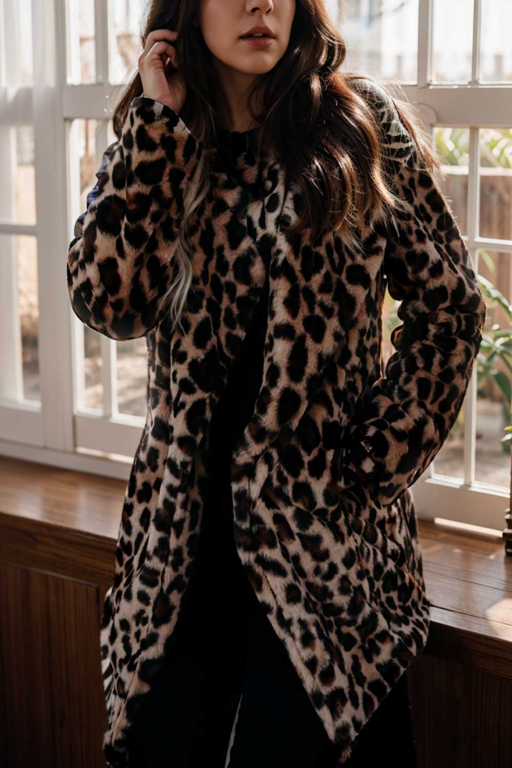 lapel leopard print faux fur long sleeve midi coat 109660