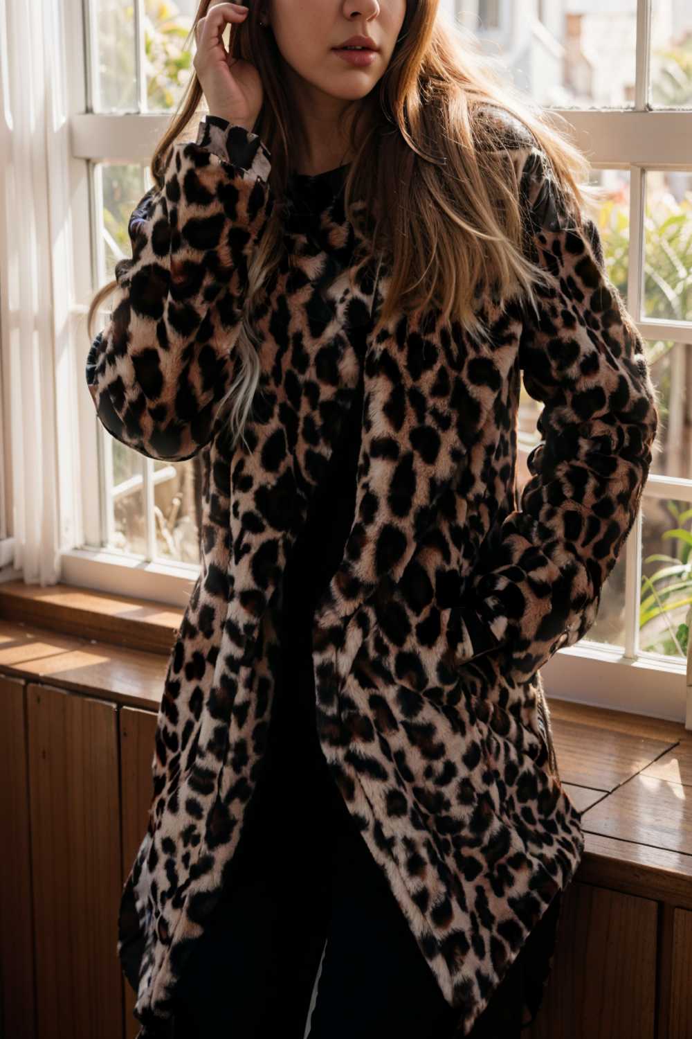lapel leopard print faux fur long sleeve midi coat 109659