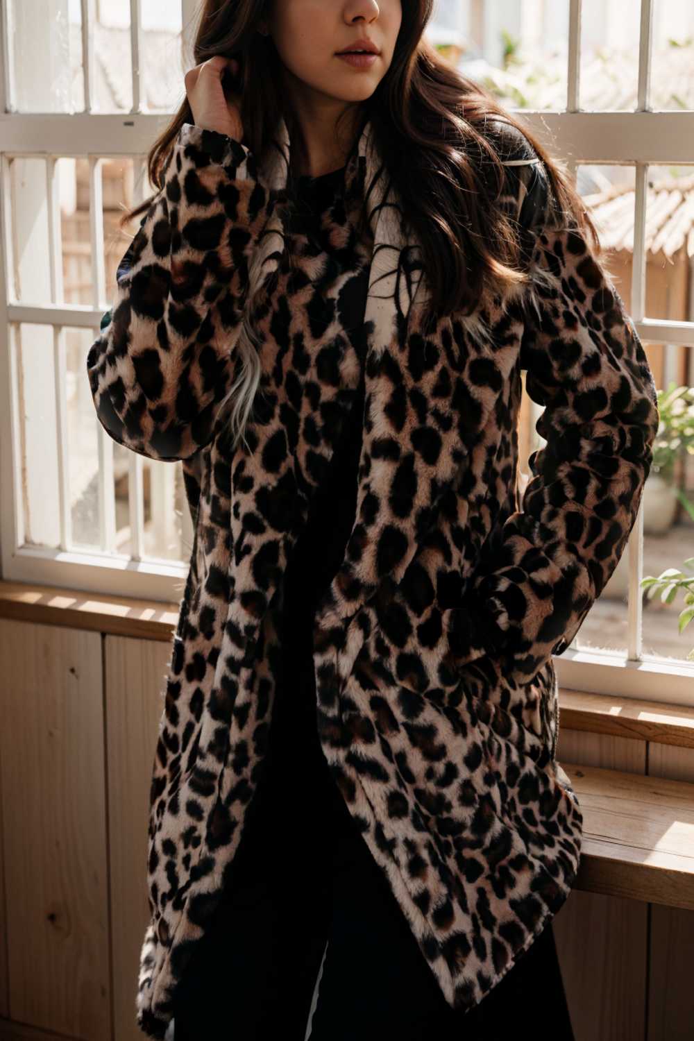 lapel leopard print faux fur long sleeve midi coat 109658
