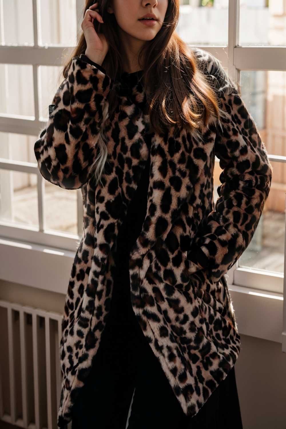 lapel leopard print faux fur long sleeve midi coat 109657