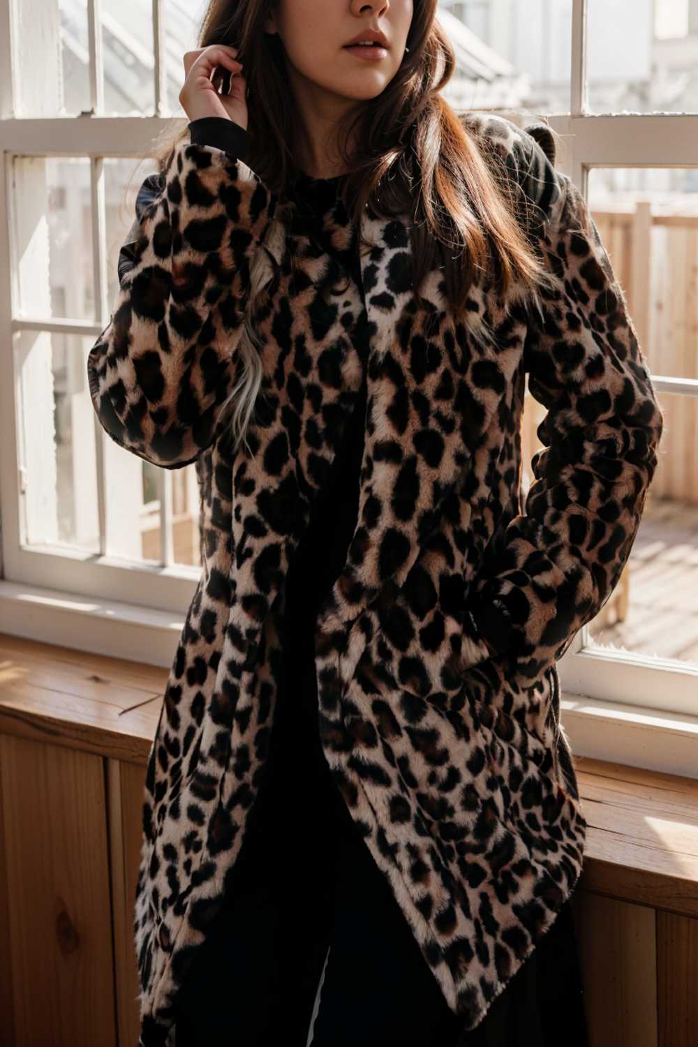 lapel leopard print faux fur long sleeve midi coat 109656