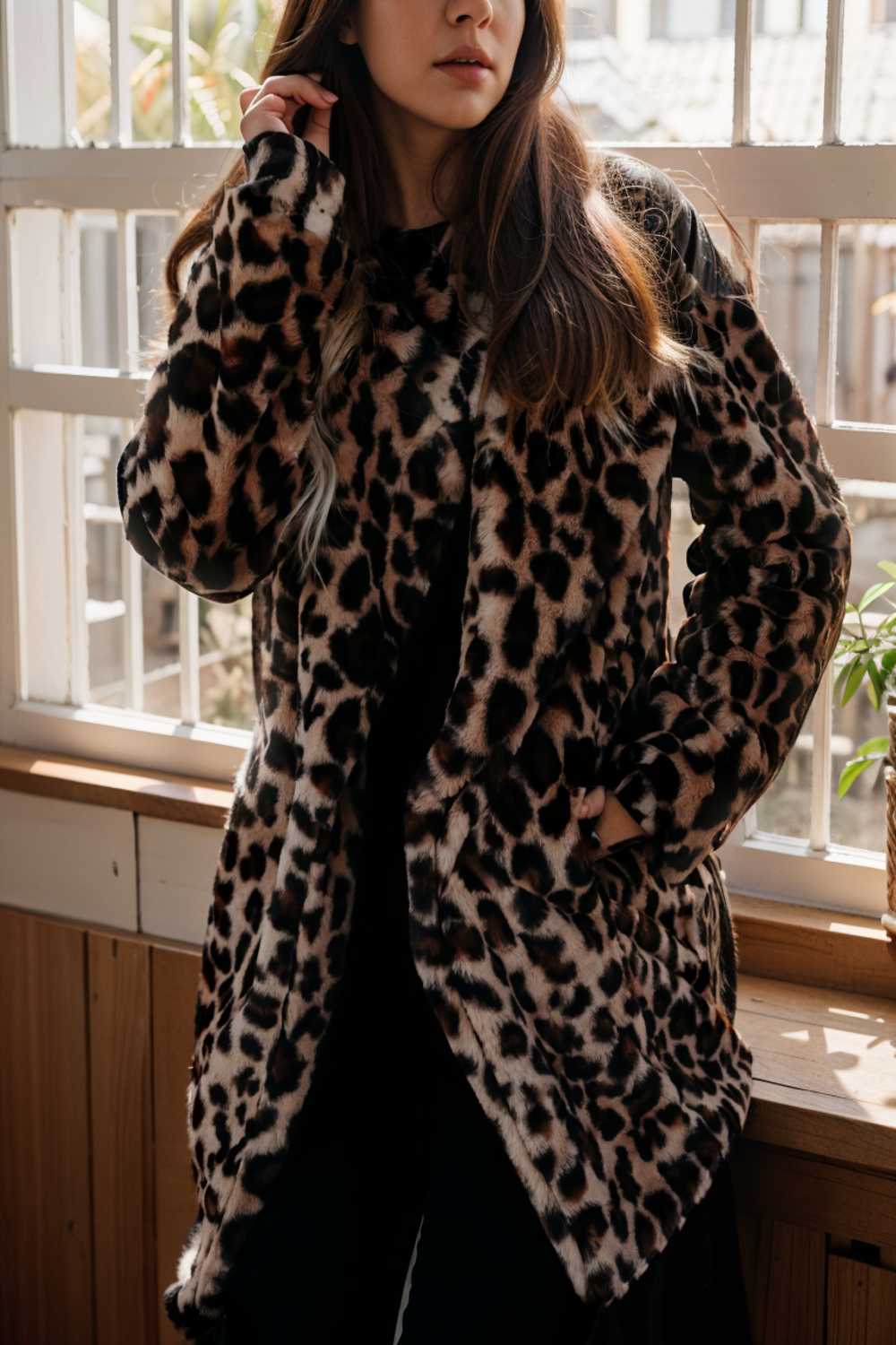 lapel leopard print faux fur long sleeve midi coat 109655