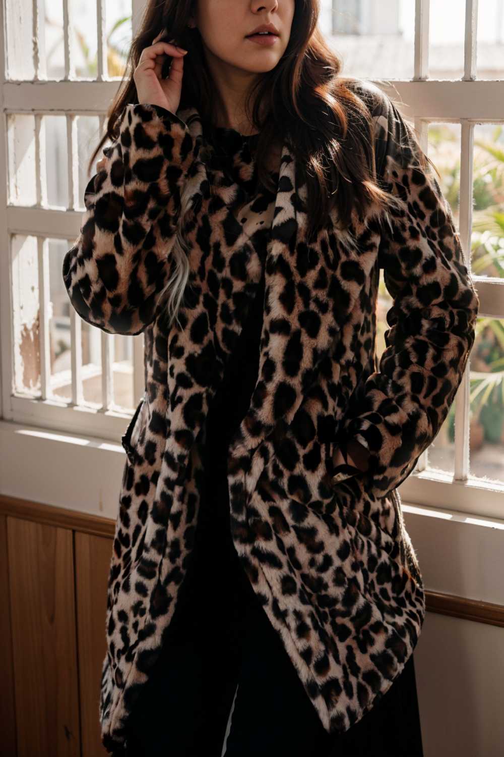 lapel leopard print faux fur long sleeve midi coat 109654