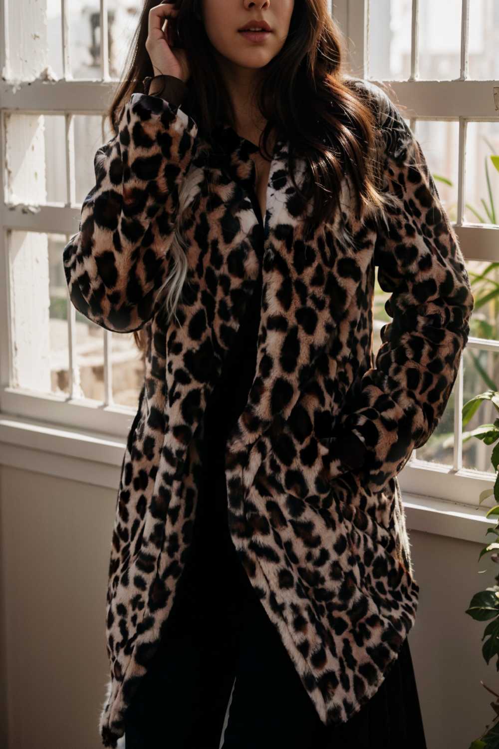 lapel leopard print faux fur long sleeve midi coat 109653