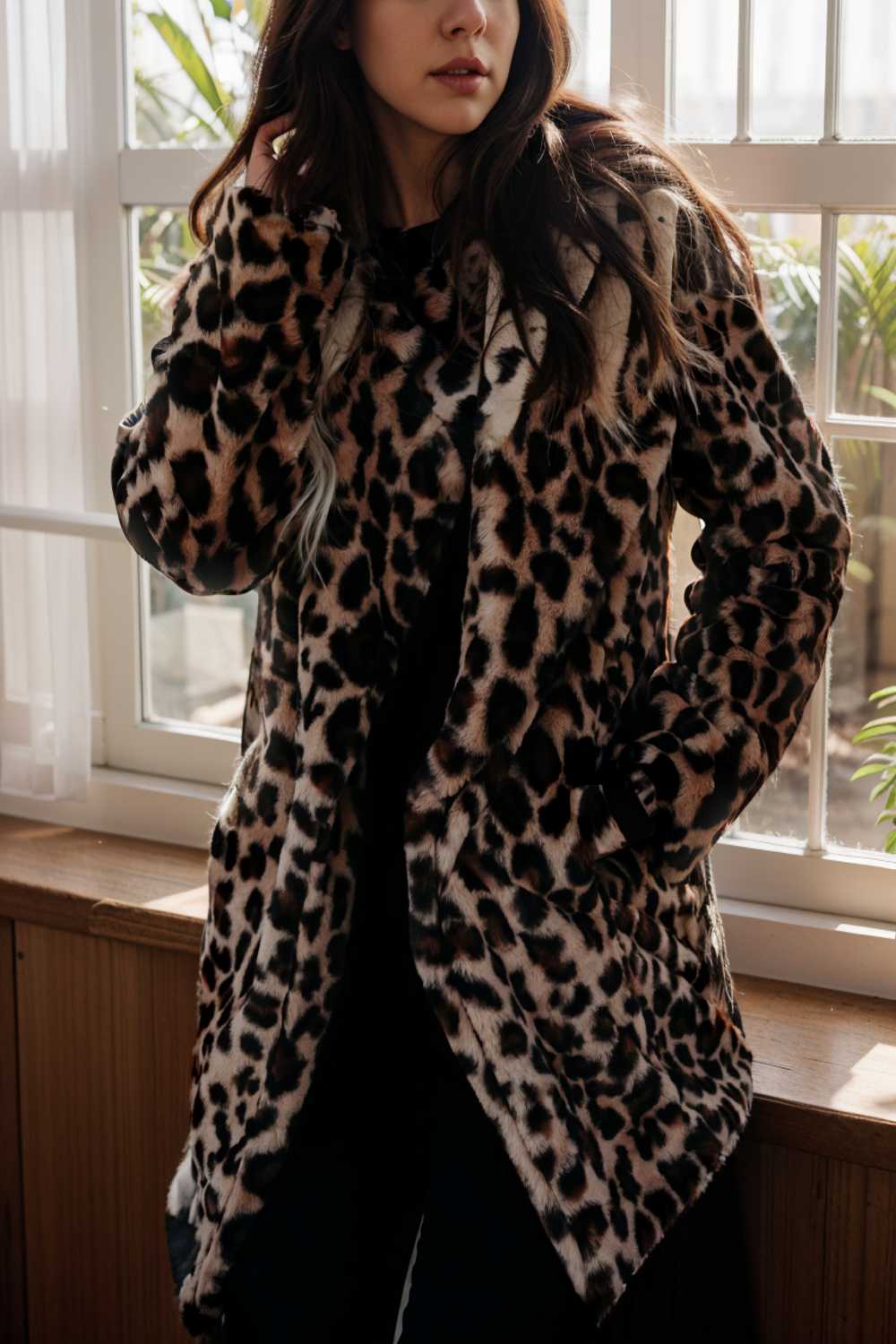 lapel leopard print faux fur long sleeve midi coat 109652