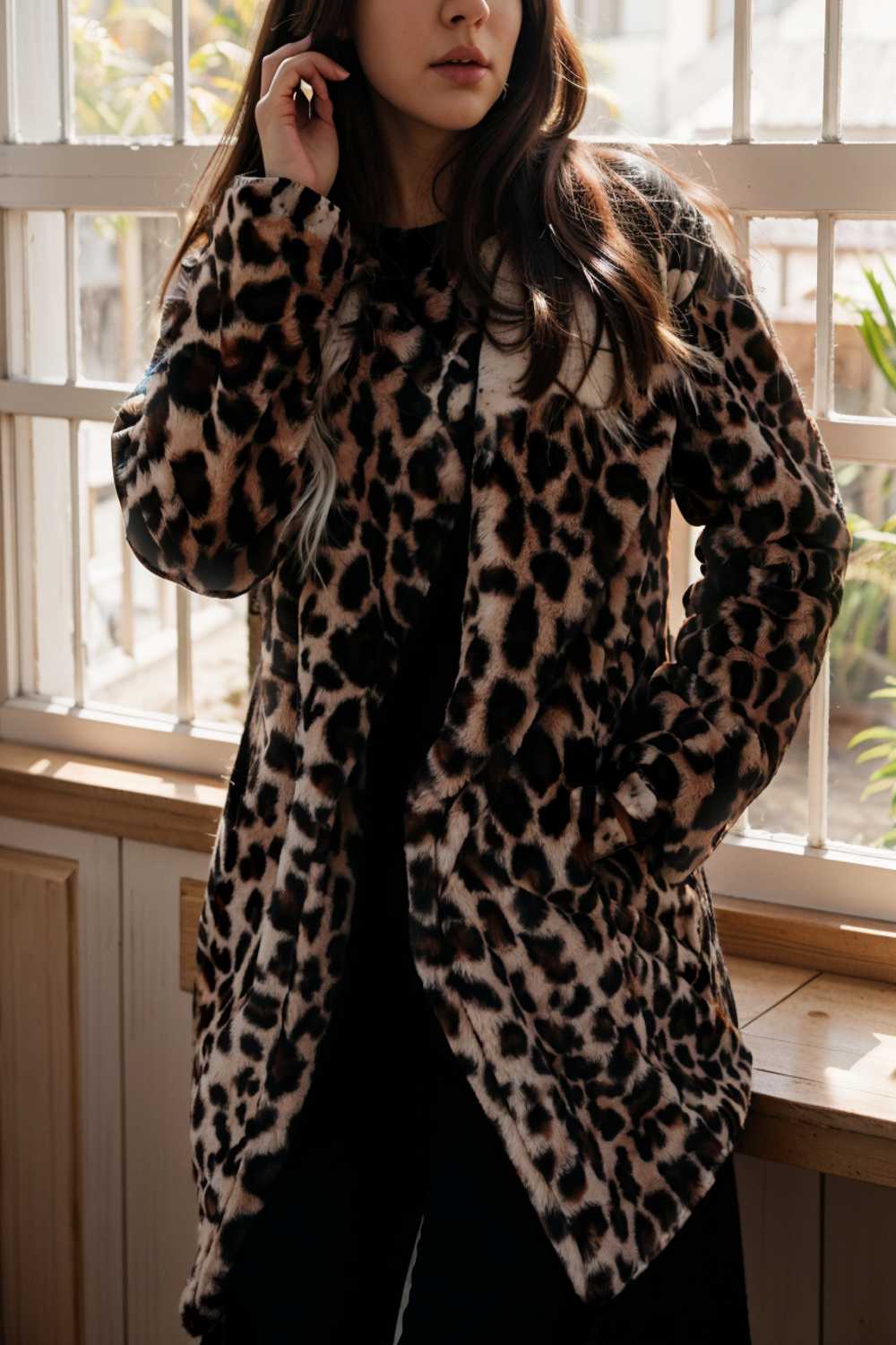 lapel leopard print faux fur long sleeve midi coat 109651