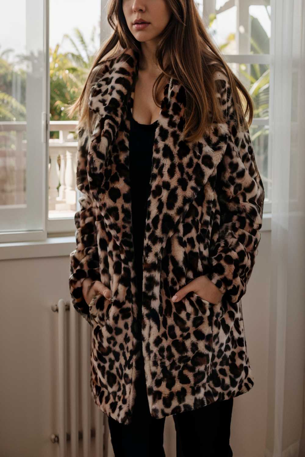 lapel leopard print faux fur long sleeve midi coat 110895