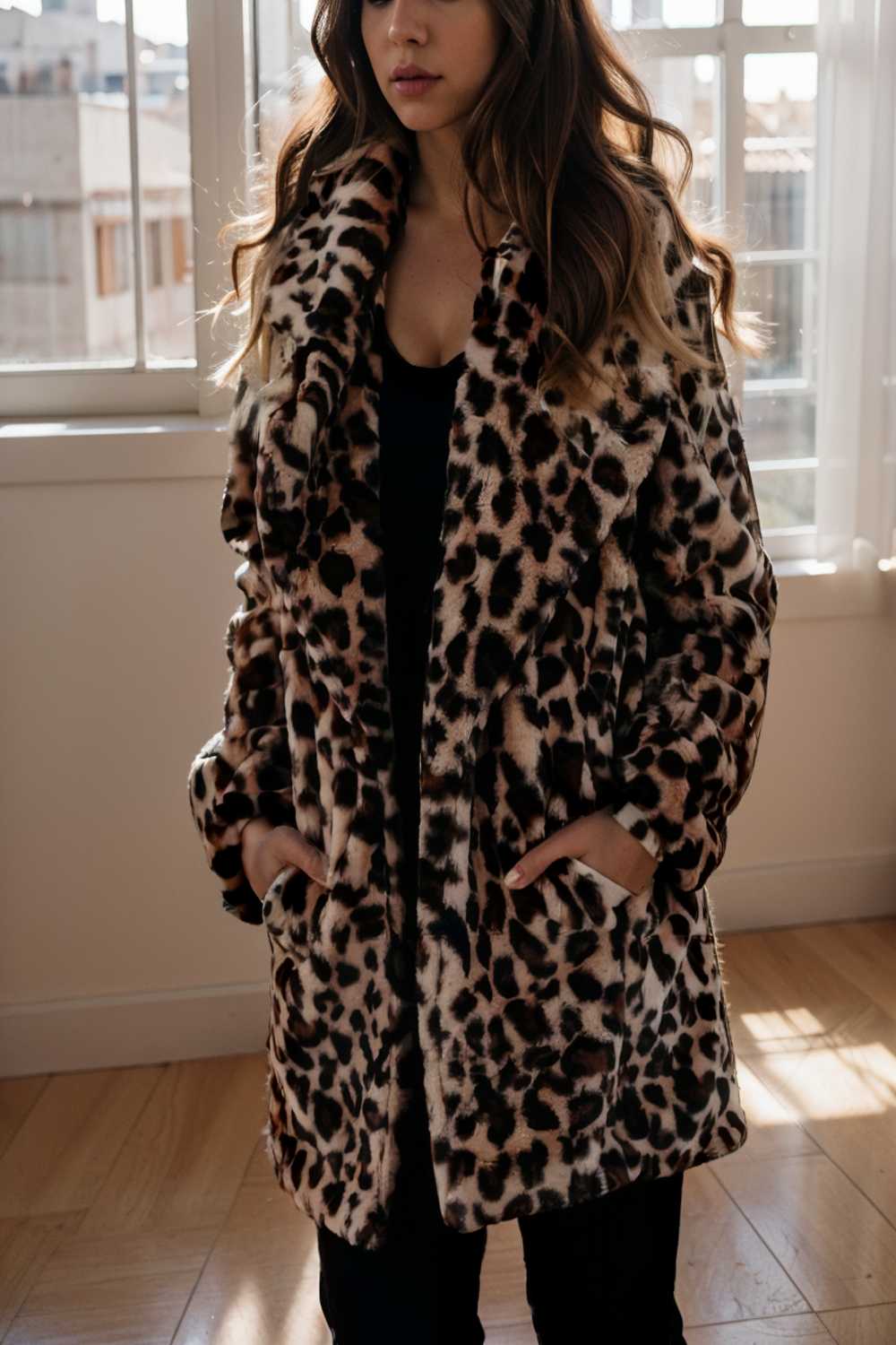 lapel leopard print faux fur long sleeve midi coat 109650