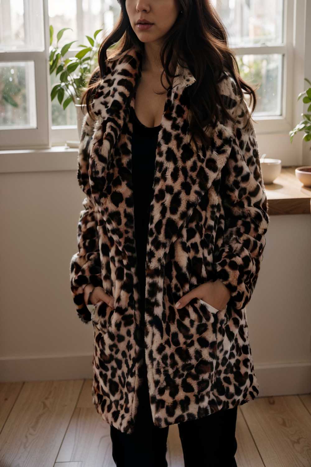 lapel leopard print faux fur long sleeve midi coat 111025