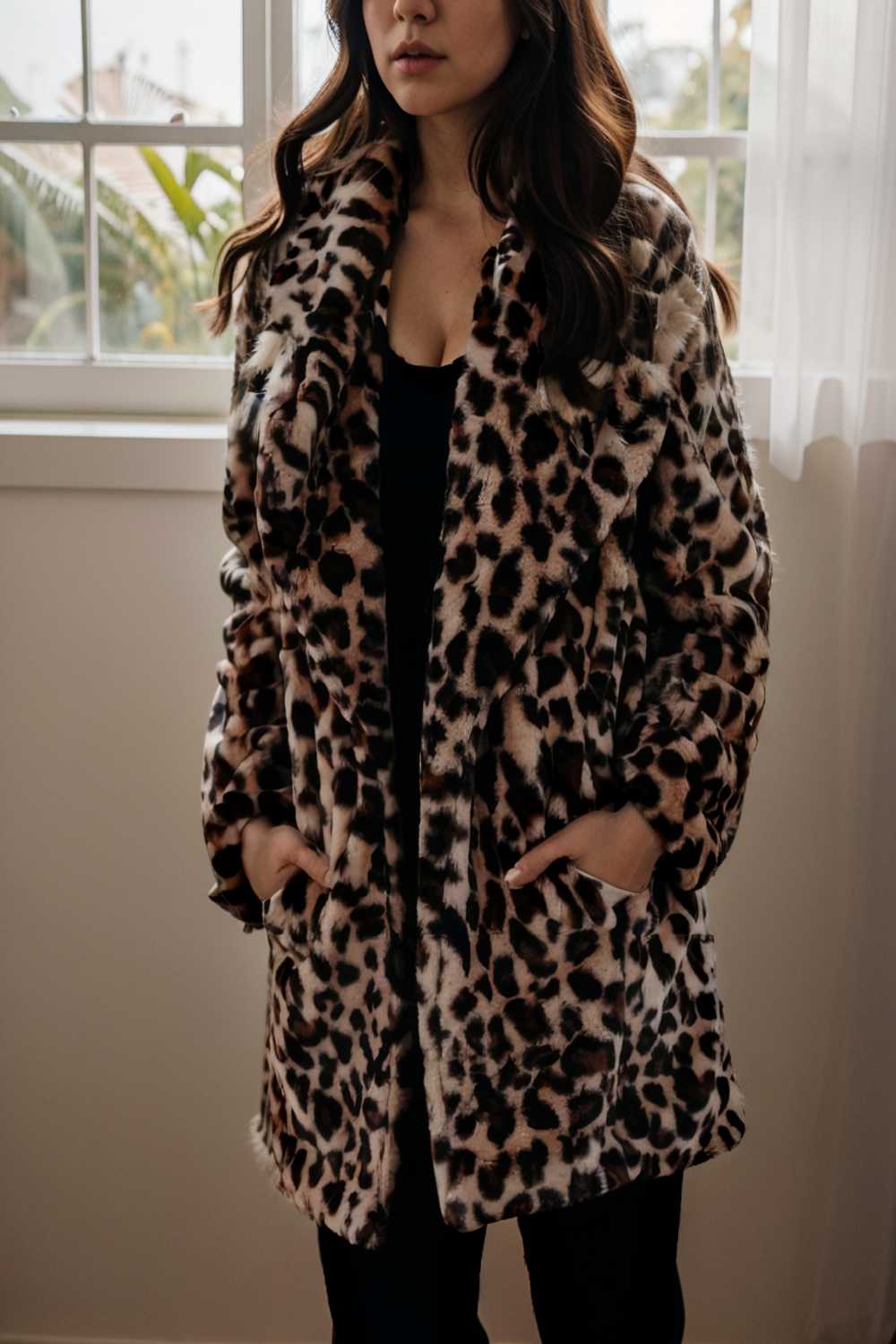 lapel leopard print faux fur long sleeve midi coat 109649