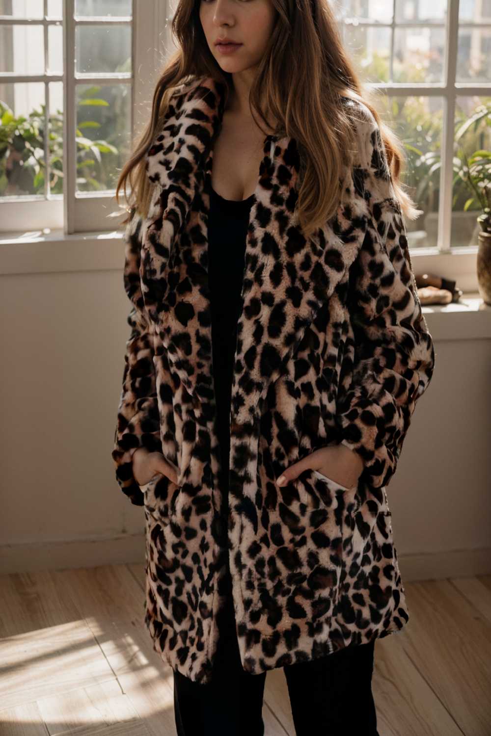 lapel leopard print faux fur long sleeve midi coat 110894