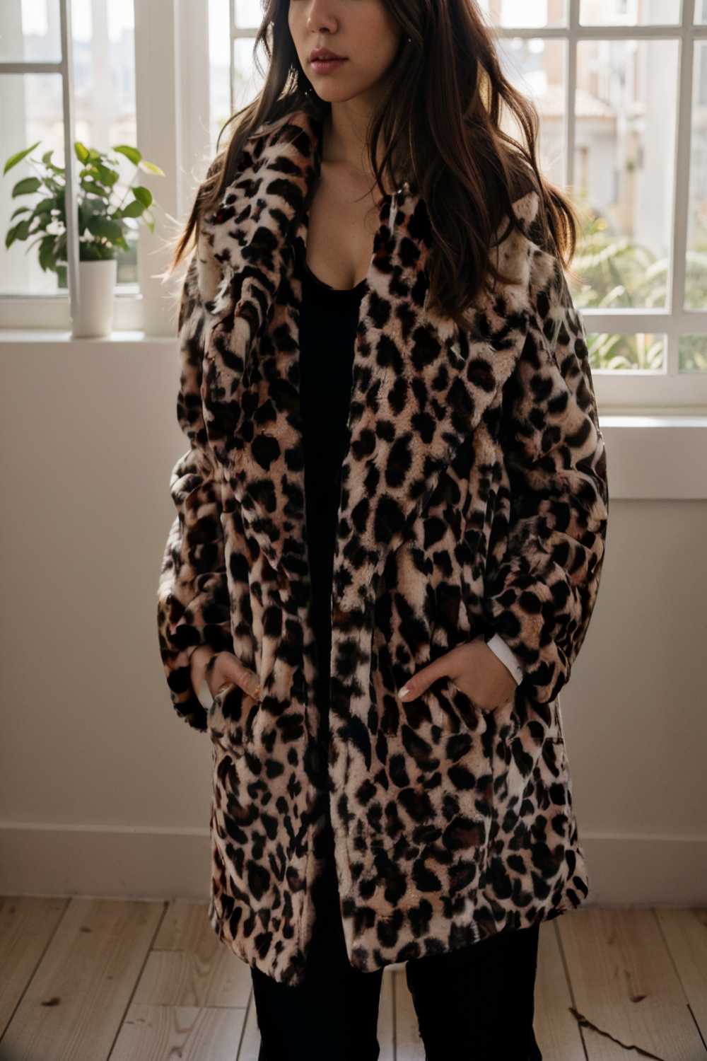 lapel leopard print faux fur long sleeve midi coat 109647