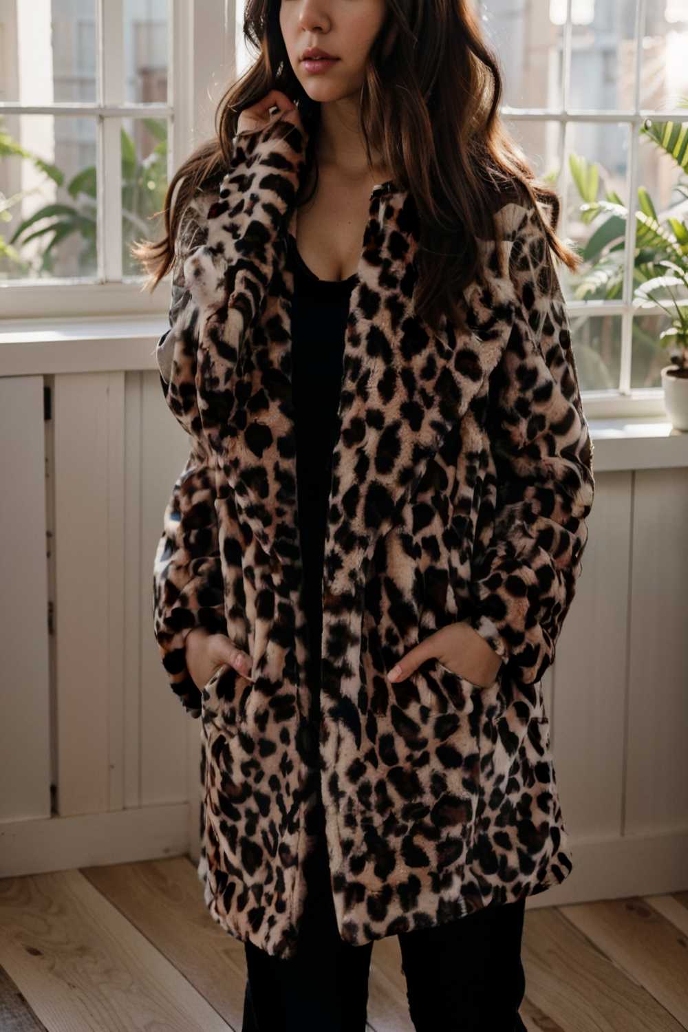 lapel leopard print faux fur long sleeve midi coat 109646