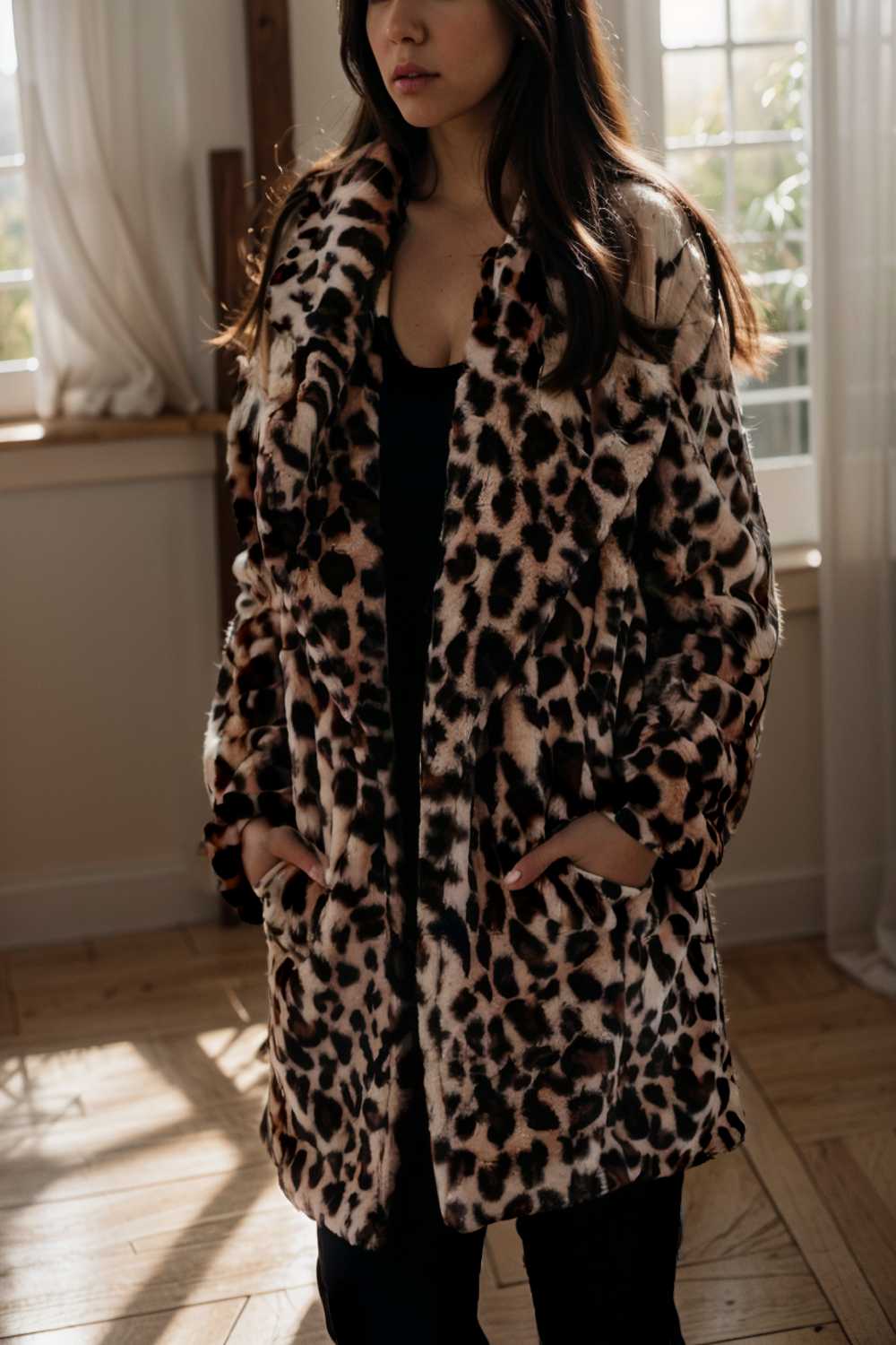 lapel leopard print faux fur long sleeve midi coat 109644