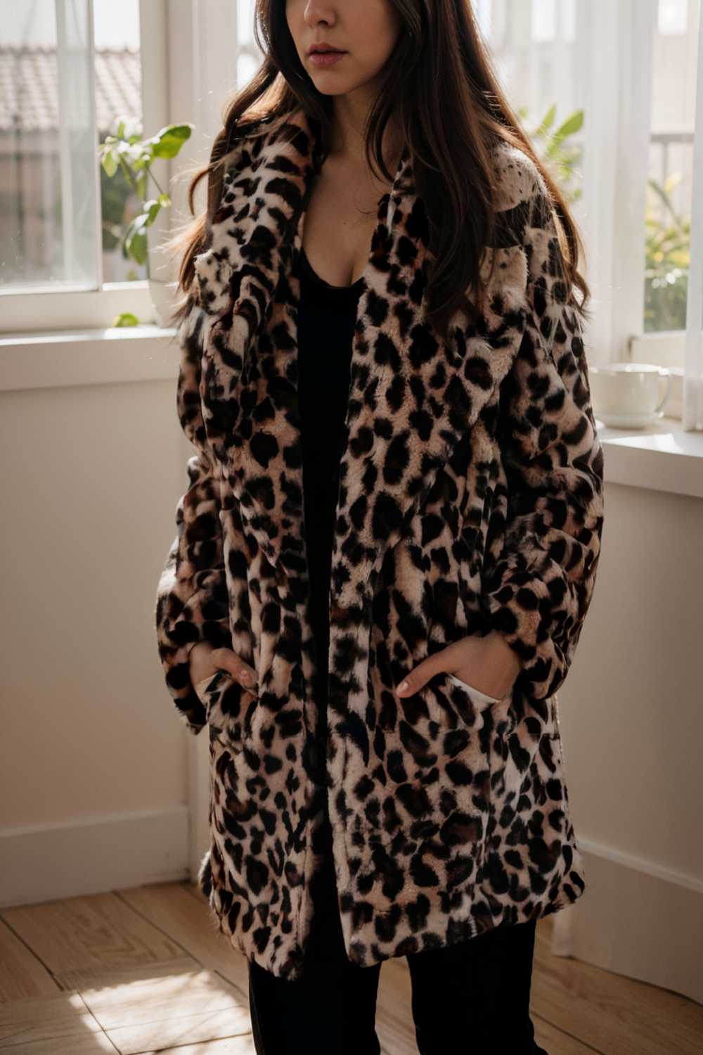 lapel leopard print faux fur long sleeve midi coat 109643