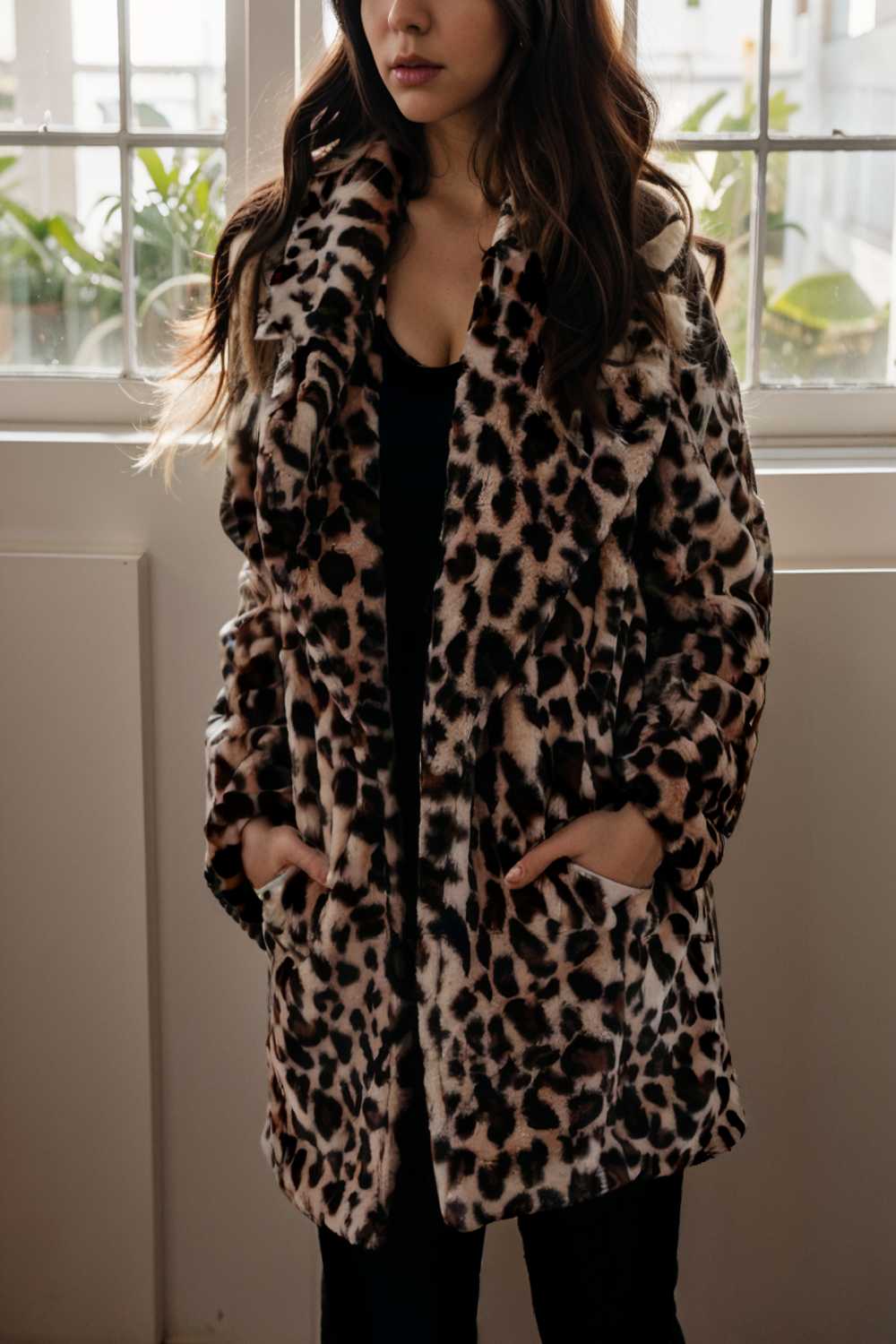 lapel leopard print faux fur long sleeve midi coat 109642