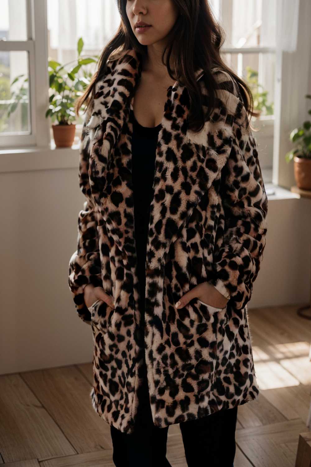 lapel leopard print faux fur long sleeve midi coat 109641