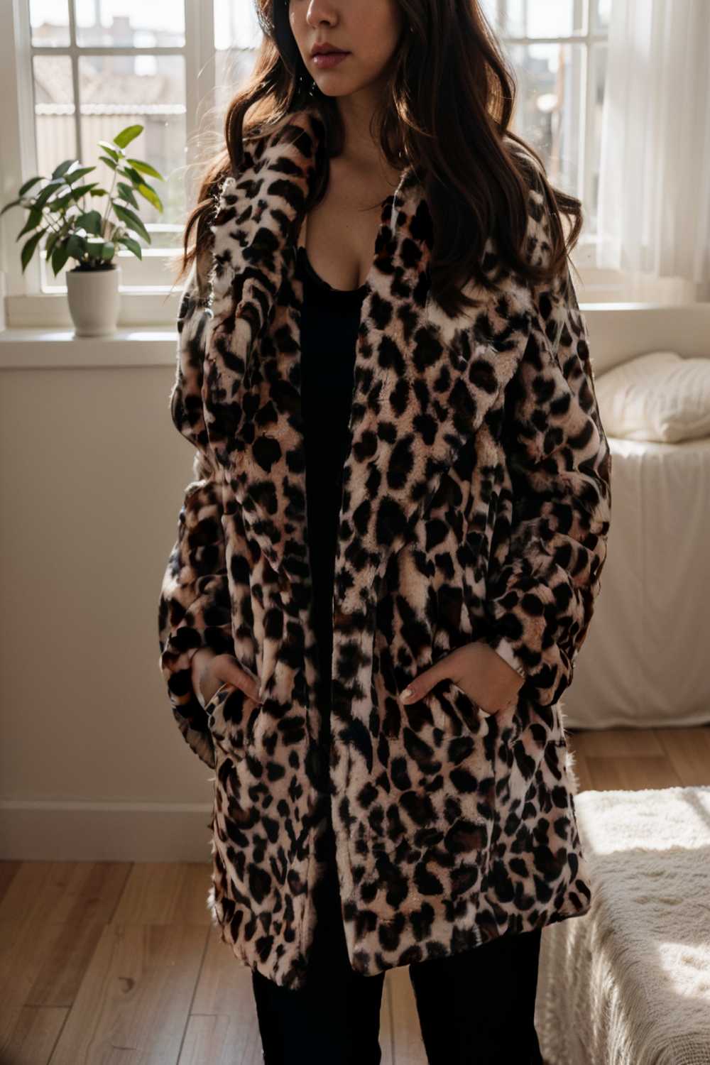 lapel leopard print faux fur long sleeve midi coat 109640