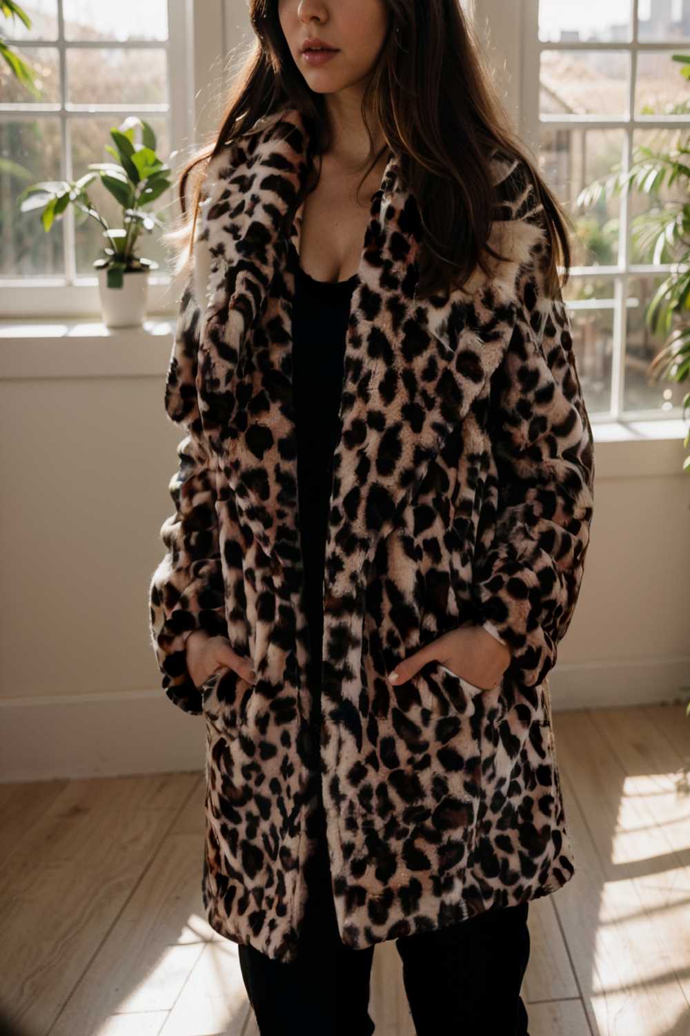 lapel leopard print faux fur long sleeve midi coat 109639