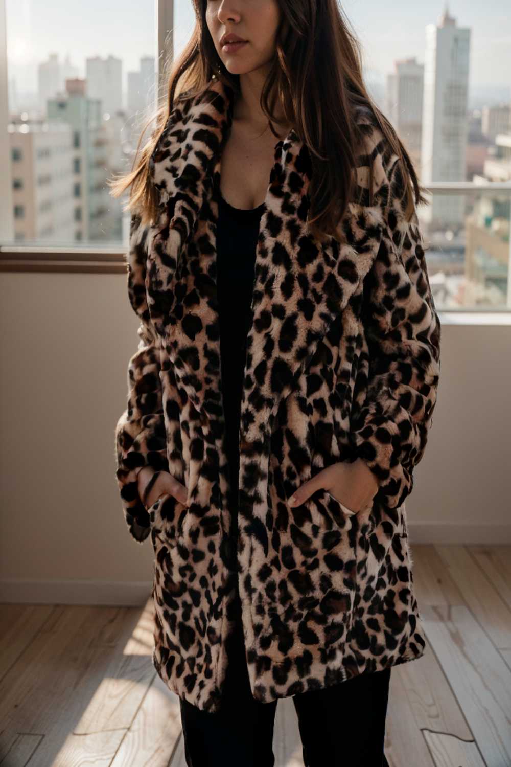 lapel leopard print faux fur long sleeve midi coat 109638