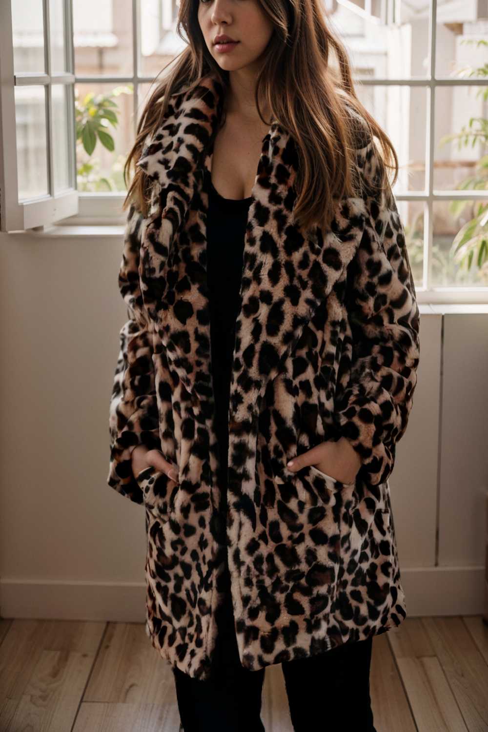 lapel leopard print faux fur long sleeve midi coat 109637