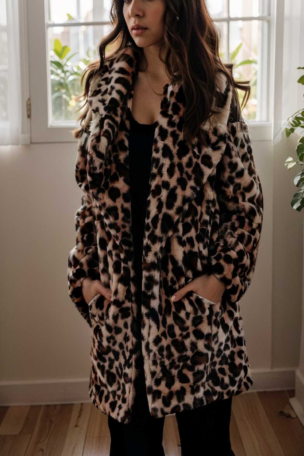 lapel leopard print faux fur long sleeve midi coat 109635