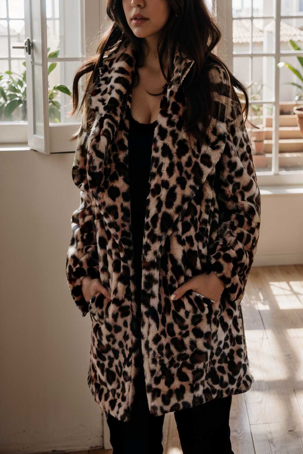 lapel leopard print faux fur long sleeve midi coat 109634